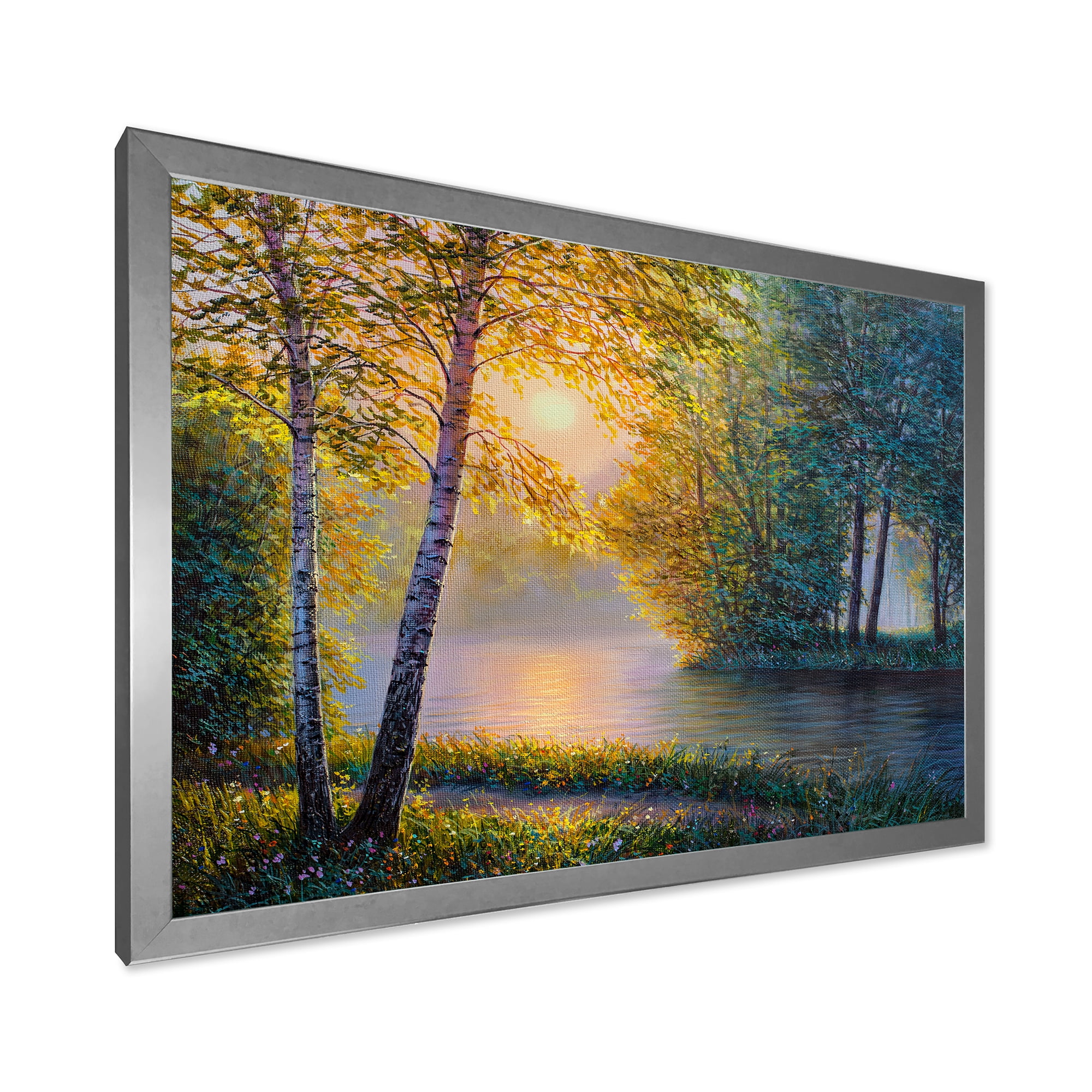 Sunrise Summer With Beautiful River Spring Forest 32 in x 24 in Framed Painting Canvas Art Print, by Designart