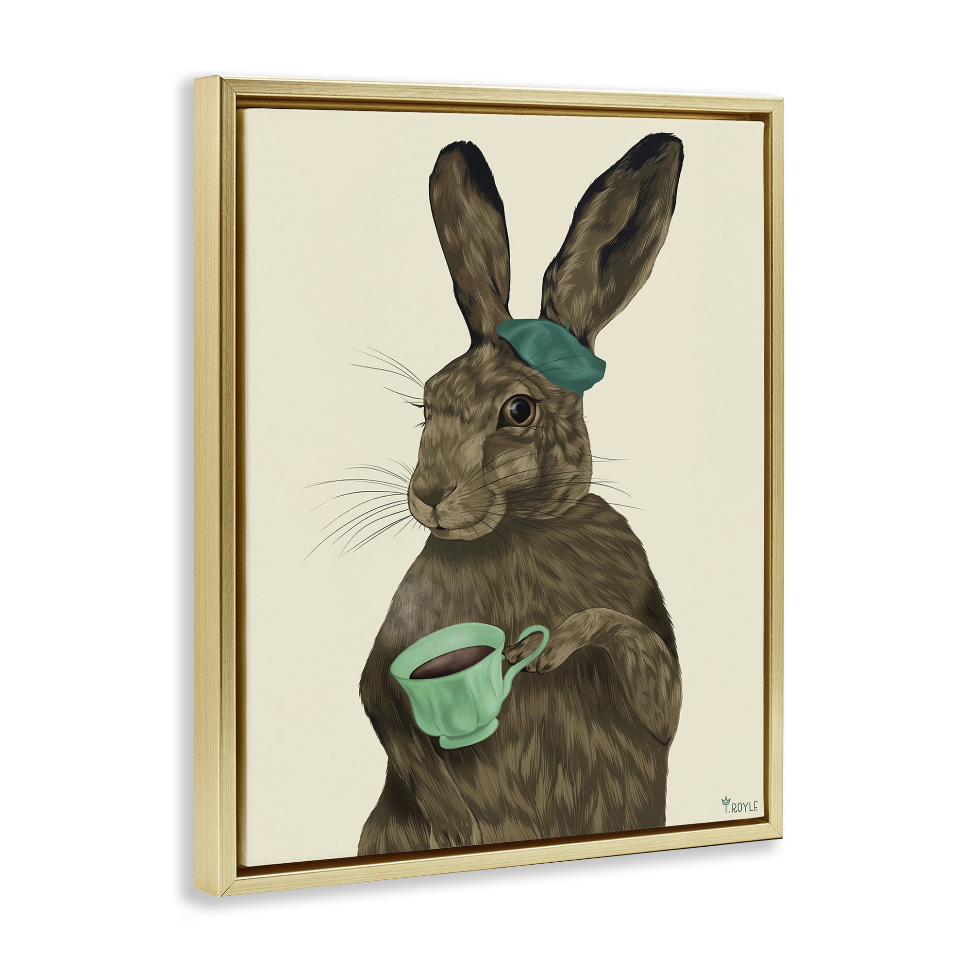 Stupell Industries Rabbit & Green Teacup Animals & Insects Painting Gold Floater Framed Canvas Art Print Wall Art, 17 x 21
