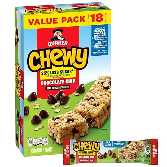 Quaker Chewy Granola Bars, Reduced Sugar Chocolate Chip, 18 Pack ( Pack of 2 )