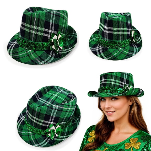 DFEK St Patrick's Day Irish Style Green Tartan Jazz Hat with Bow Tie Top Hat for Party Theme Celebration Green One Size