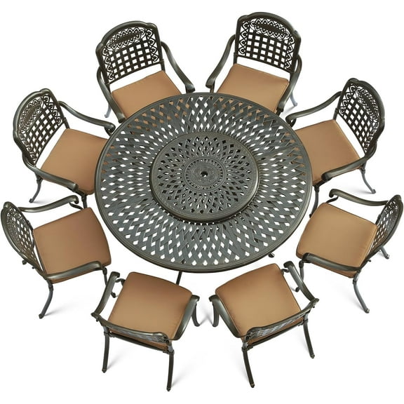 VIVIJASON 9-Piece Outdoor Furniture Dining Set, Rust-Free Cast Aluminum Patio Conversation Set, Include 8 Cushioned Chairs & 61" Round Dining Table with 31" Lazy Susan, Umbrella Hole, Khaki