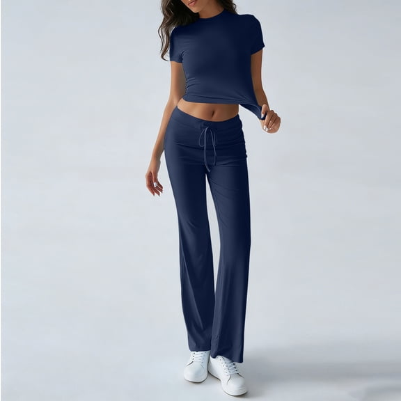 Iaqnaocc Womens Lounge Set Two Piece Sets for Women Casual Slim Y2k Short Sleeve Tops Flare Leggings Classic Fashion Summer Matching Set Tracksuit Navy XL