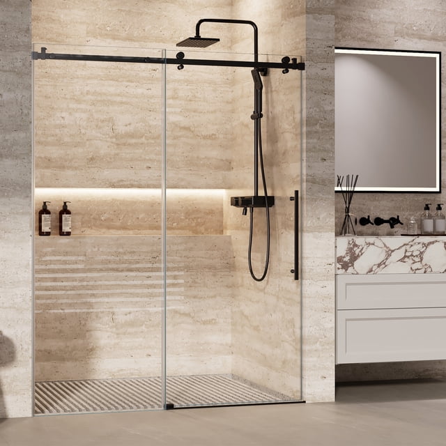 Garvee 60x75-Inch Frameless Sliding Shower Door, 8mm Tempered Glass with Waterproof Strip, Clear Glass for Walk-In Shower Enclosure, Bathtub, Black Frame