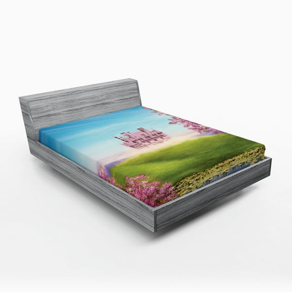 Ambesonne Cartoon Fitted Sheet, Spring Cheery Blooms Art, Full Size, Green Pink Blue