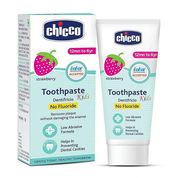 Chicco Toothpaste for Kids (1y-6y), Strawberry Flavour, 50g | Fluoride-Free | Removes Plaque, Helps Prevent Cavities