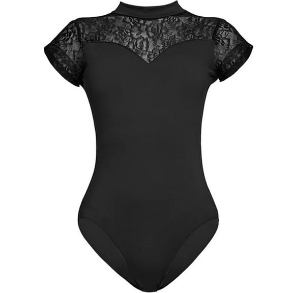 Girls Women Dance Leotards Lace Turtleneck Ballet Bodysuit Cap Sleeve Open Back Gymnastics Jumpsuit