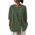 thumbnail image 4 of FRSASU Cotton Linen Shirt Women Spring Casual Scoop Neck 3/4 Sleeve Tops Button Loose Fit Beach Tops Soft Blouse Army Green, 4 of 7