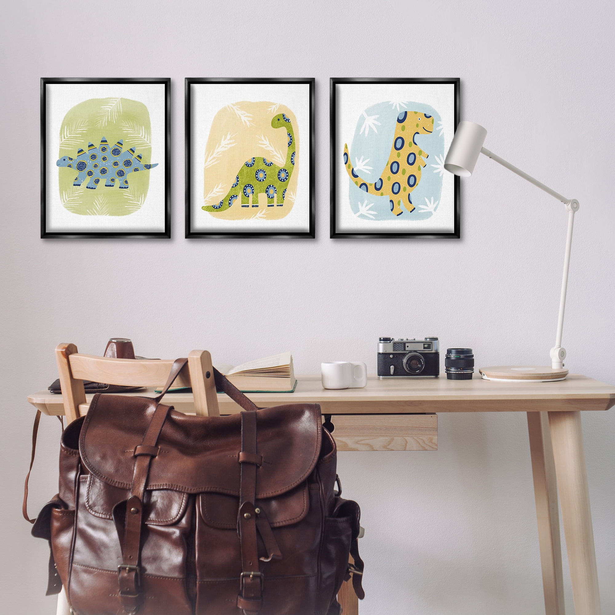 Stupell Industries Three Patterned Dinosaurs Animals Painting Black Floater Framed Canvas Art Print Wall Art, 17 x 21, Set of 3