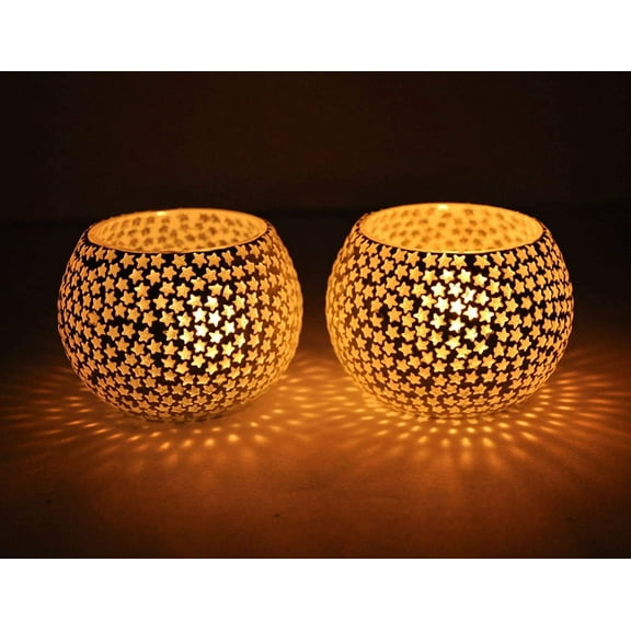 TIED RIBBONS Set of 2 Mosaic Candle Holders for Centerpiece, Table Decorations, Wedding | Candle Holder Mosaic Glass Tea Light Holder - Christmas Decorations and Christmas Gifts