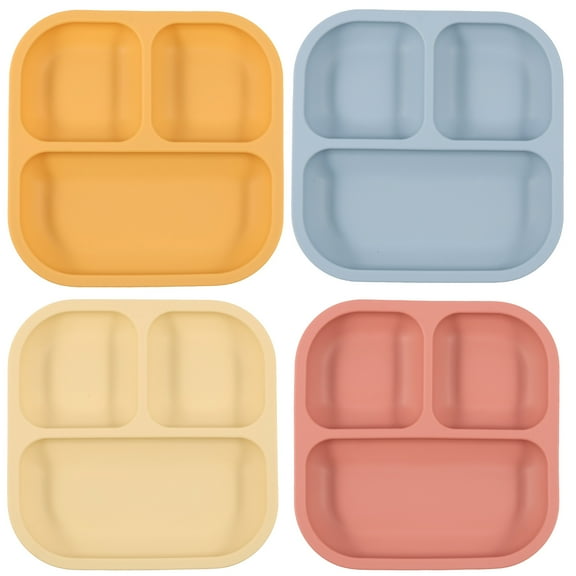 LINFANG 4 Pcs Silicone Baby Suction Plate Divided Toddler Suction Plate with 3 Compartments for Baby and Toddler Microwave and Dishwasher Safe