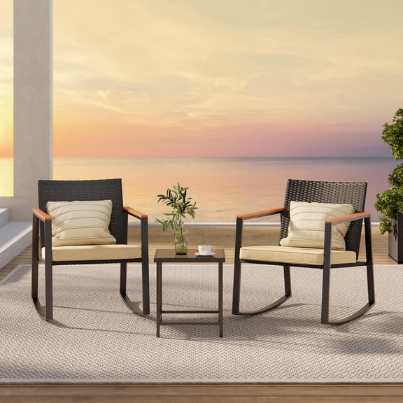 Jolifa 3-Piece Patio Furniture Set, All-Weather Rocking Chair Set with Heat-Resistant Arms & Glass Table, Bistro Set for Poolside and Patio,Yellow