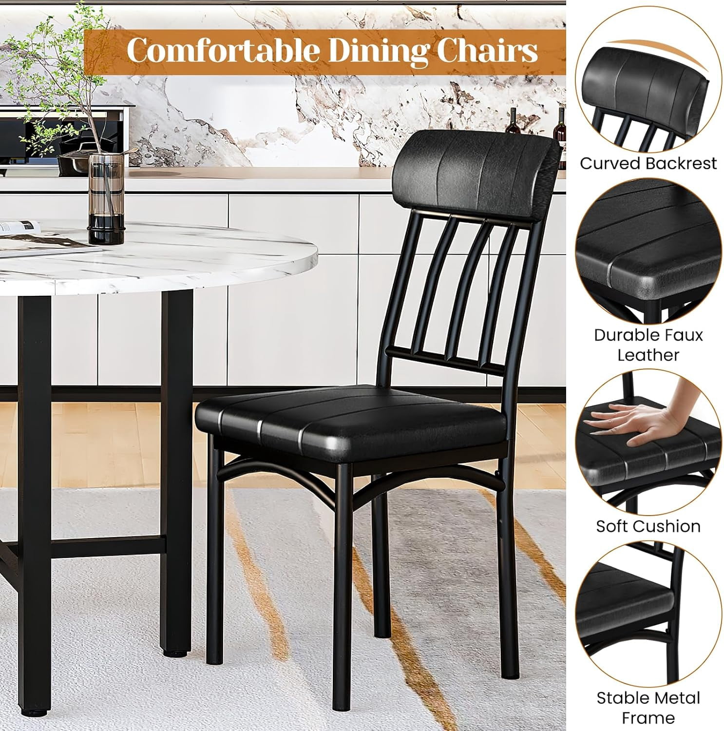MIERES Marble-Effect Kitchen Dining Table Set Round Dining Table and Chair Set Includes 4 Leather-Backed Chairs Ideal for Kitchens, Apartments, and Compact Dining Areas