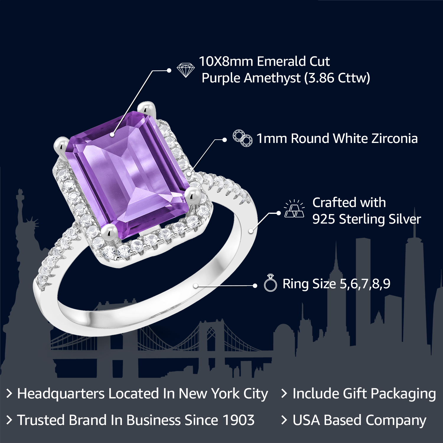 Gem Stone King 925 Sterling Silver Purple Amethyst Engagement Ring for Women (3.86 Cttw, Emerald Cut 10X8MM, Gemstone February Birthstone, Size 5)