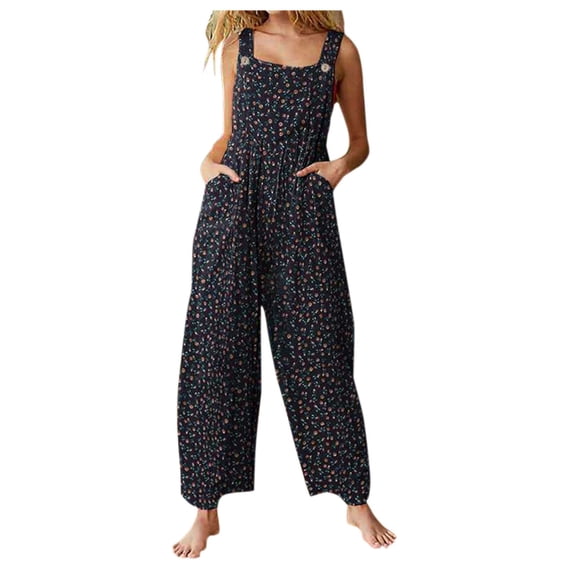 asdoklhq Womens Plus Capris,Women's Floral Prints Straps Wide Leg with Pockets Vintage Jumpsuit