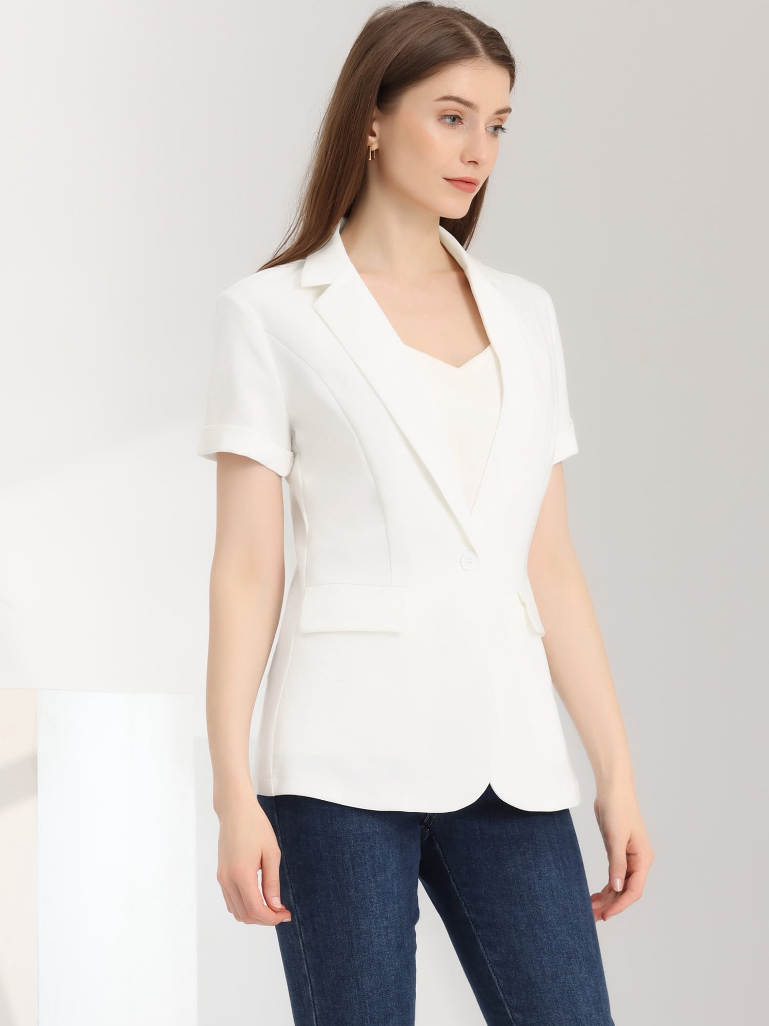 DARING DIVA Women's Short Sleeve Blazer Button Office Suit Jacket M Beige White