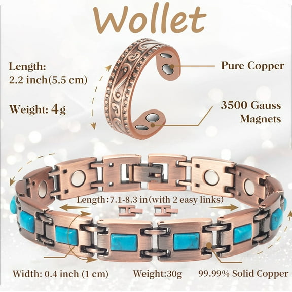 Wollet Copper Magnetic Bracelets for Women, Blue Turquoise Bracelets, Fashion Copper Jewelry Set