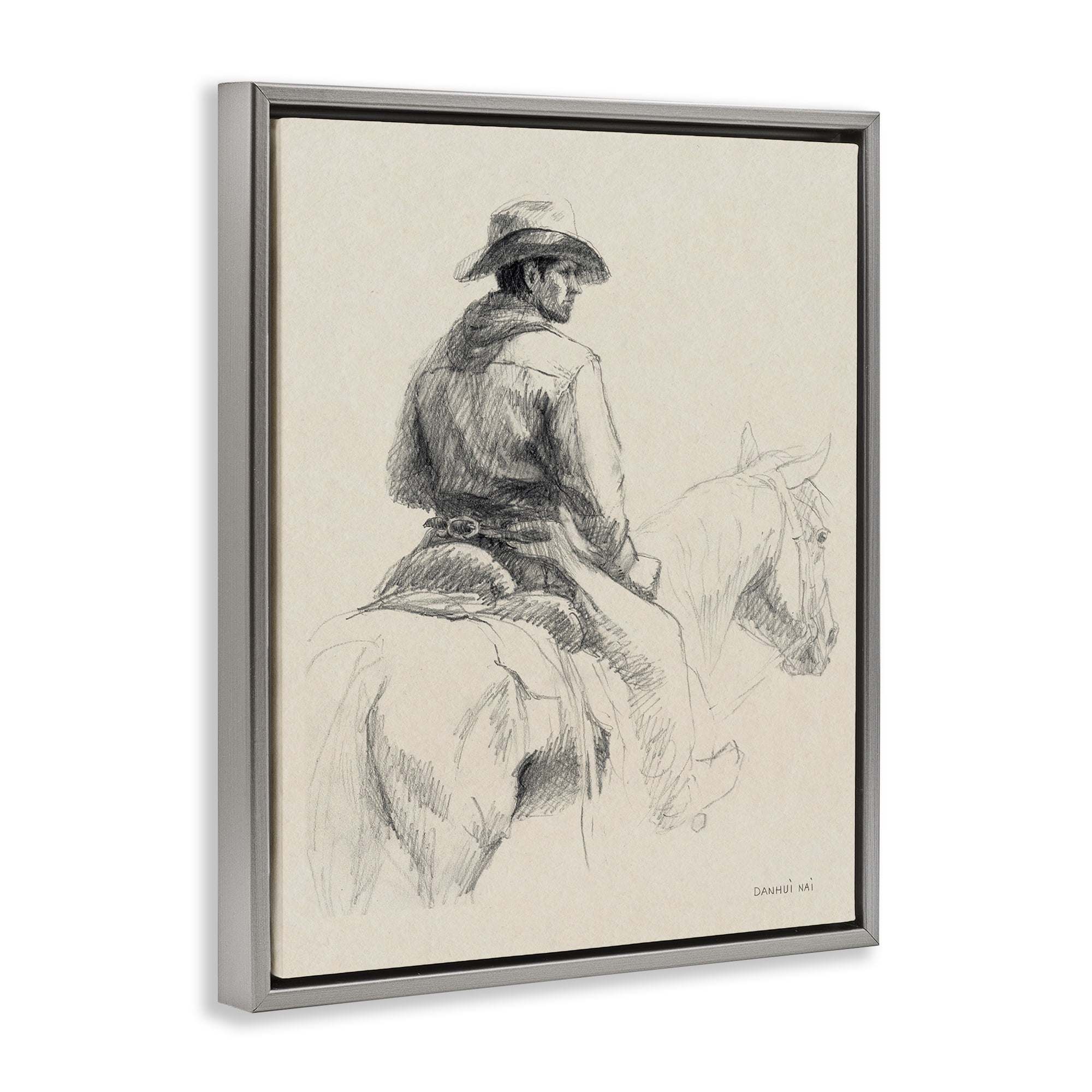 Stupell Industries Cowboy & Horse Sketch People Drawing Gray Floater Framed Canvas Art Print Wall Art, 17 x 21