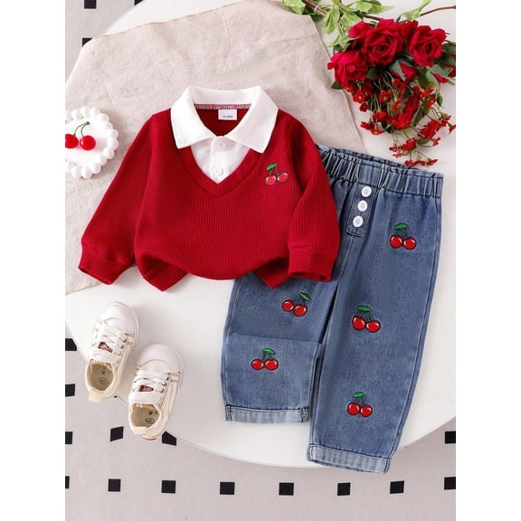 Baby Girl 2pcs Set - Colorblock Shirt Collar Top With Cherry Embroidery And High-Waist Button-Decorated Cherry Embroidery Cuff Jeans Set, Fashion, Birthday Gift
