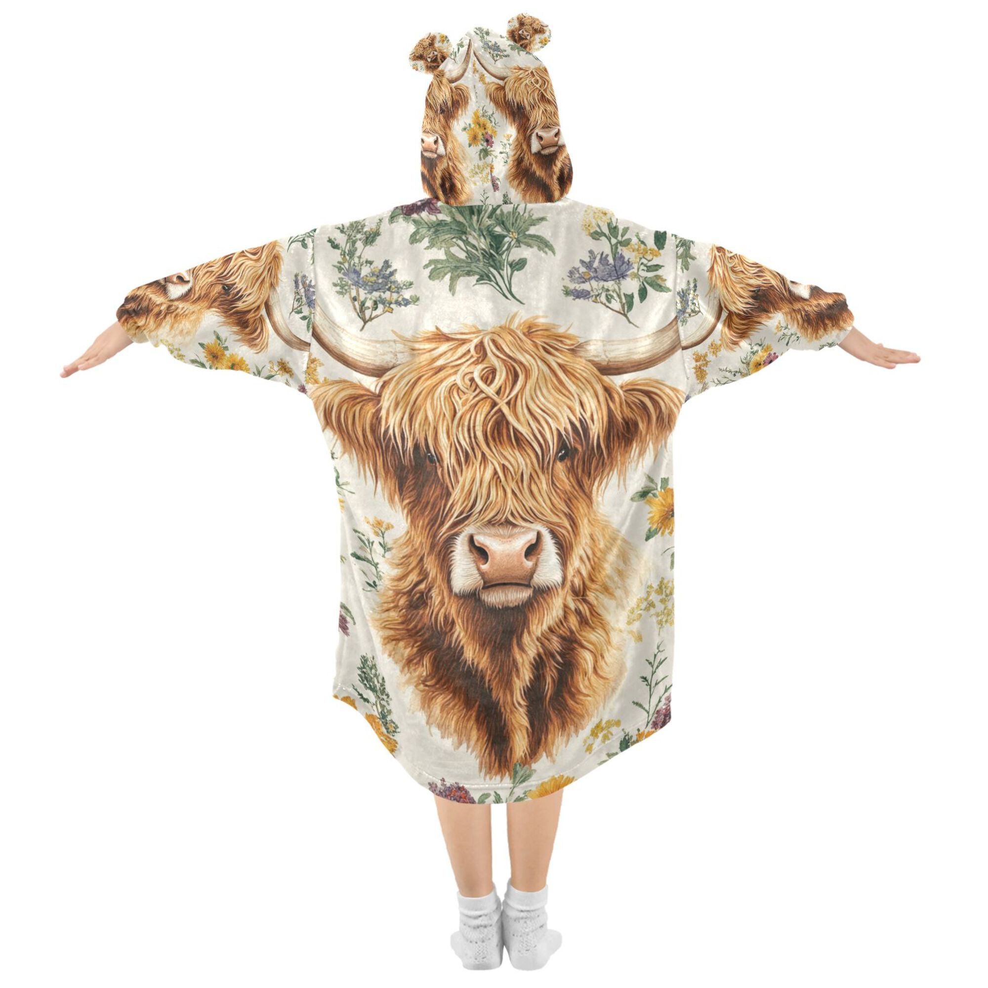 FORMRS Wearable Blanket Hoodie with Sleeves for Kids Cozy Flannel Sweatshirt, Floral Cow