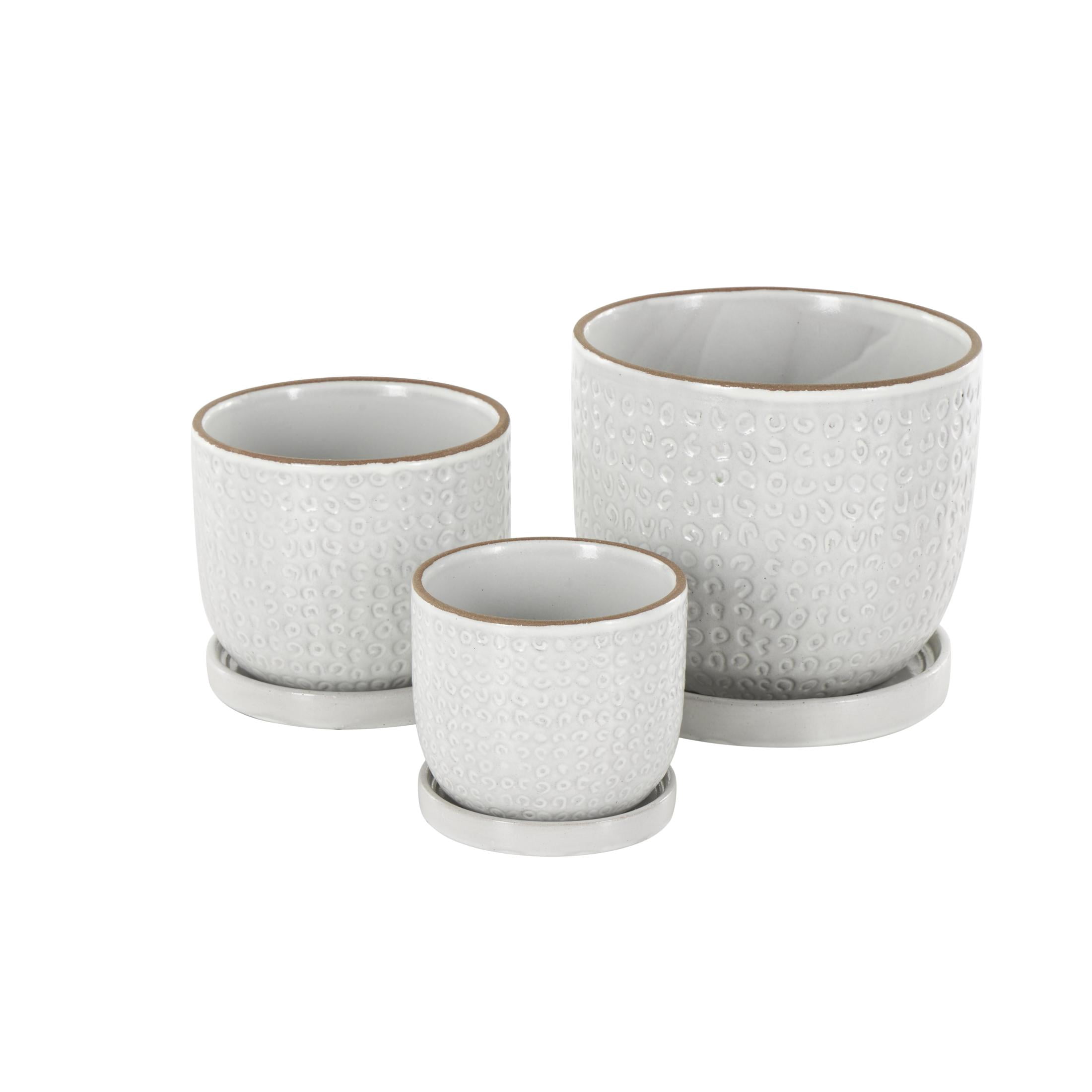 DecMode 7", 5"H Abstract Circle Patterned White Ceramic Planter with Brown Accents and Base Tray (3 Count)