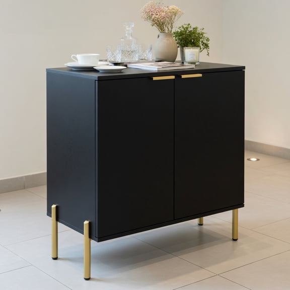 GVN Kitchen Buffet Sideboard, Cupboard Cabinet, 2-Door Buffet Cabinet Sideboard with Shelf and Metal Legs-Black