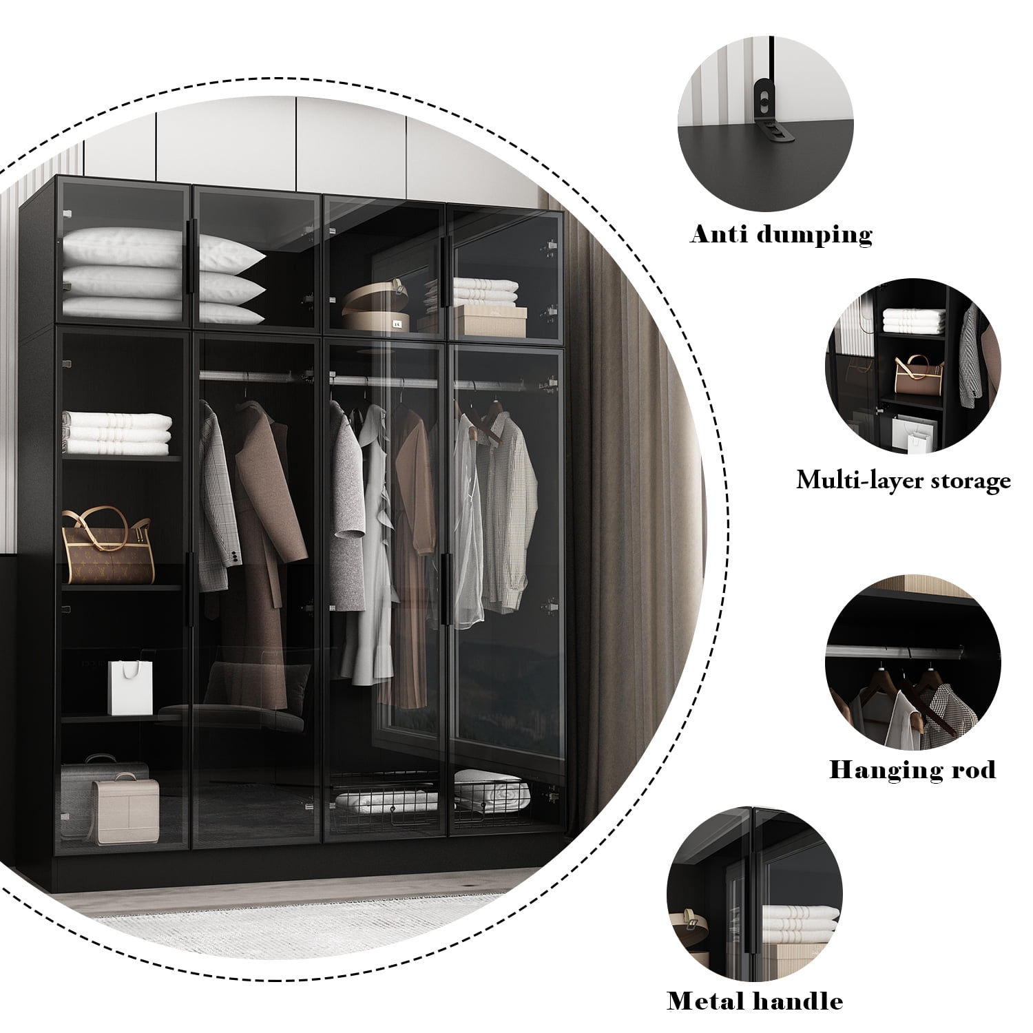 KULAGAGA Bedroom Wardrobe with Glass Doors and Lights,  Armoire Closet Cabinet with Hanging Rod and Shelves, 59" W