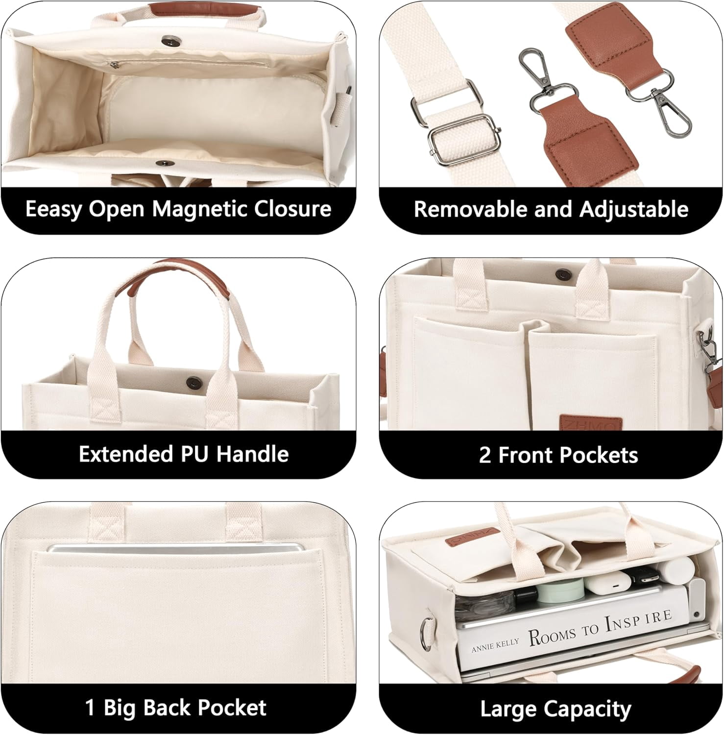 Large Canvas Tote Bag for Women With Pockets,Laptop Crossbody Purses Everything Everyday Bag Handbags for Work Beach