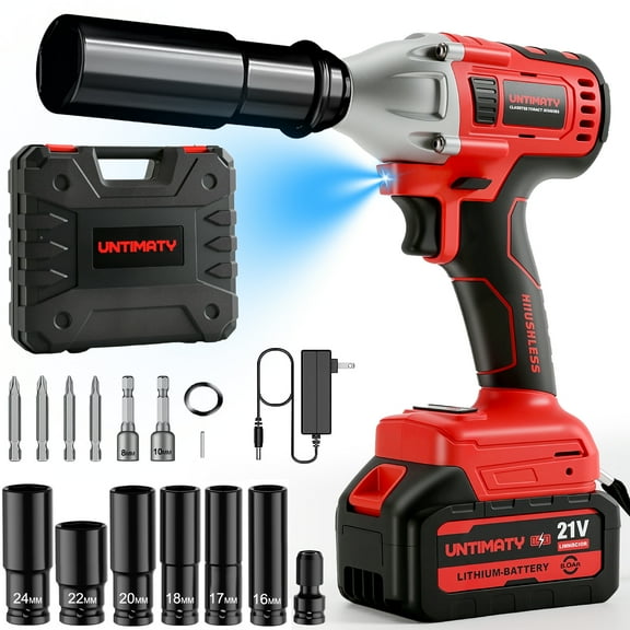 Cordless Impact Wrench, UNTIMATY 1/2 inch Brushless Impact Gun, Max Torque 320 Ft-lbs（430N.m） Impact Wrench with 21V Brushless Motor, with 3.0Ah Li-ion Battery & 7 Sockets,Red