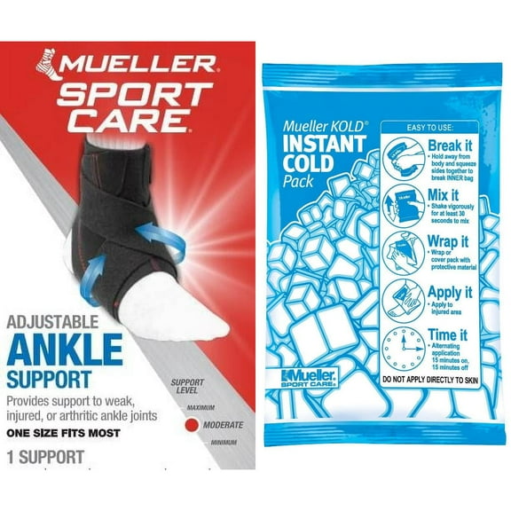 Mueller Sports Medicine Adjustable Ankle Support Brace and Cold Pack Bundle - Pain Relief & Injury Recovery for Athletes