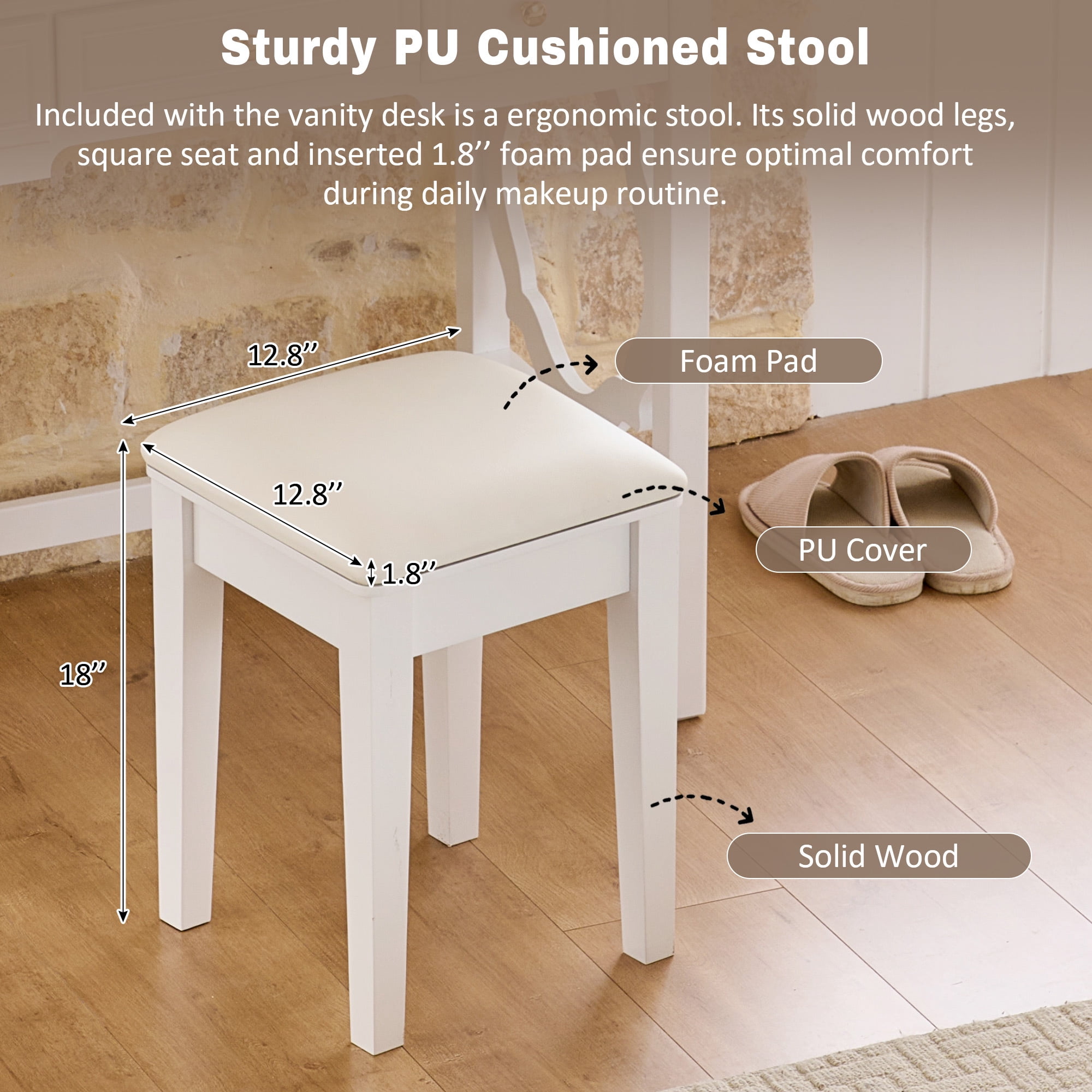 Leumius White Vanity Table Set with Reversible Mirror,Small Makeup Vanity Desk Dressing Table with Stool for Small Places,Bedroom