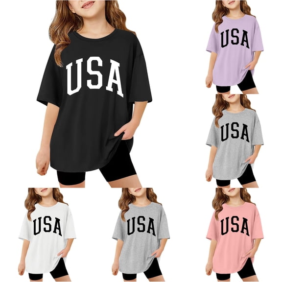 HCYSFG Girls USA T Shirts Collegiate Letter Graphic Crewneck Elbow Sleeve Oversized Loose Fit Graphic Tees Summer Tops