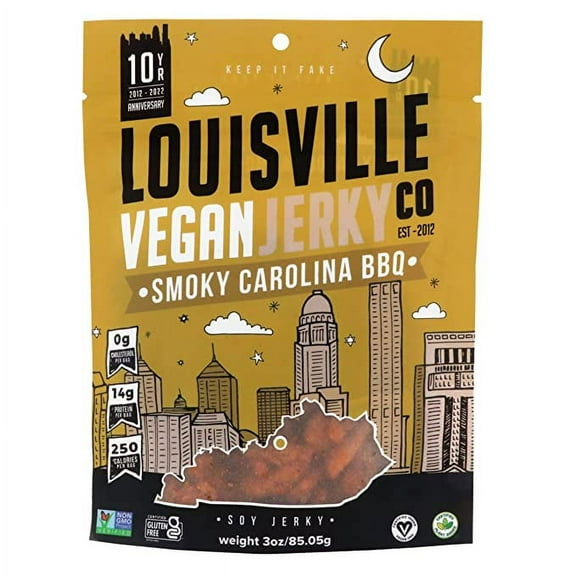 Louisville Vegan Jerky - Smoky Carolina BBQ, Vegetarian & Vegan-Friendly Jerky, 15 Grams of Non-GMO Soy Protein, 300 Calories Per Bag, Gluten-Free Ingredients (3 oz)