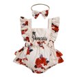 thumbnail image 2 of VOLTEY Infant Baby Girls Summer Two-Piece Romper Outfits, Toddler Girls Flower Print Flying Sleeve Square Neck Bodysuit + Decorative Bow Headband Clothes Set, 0-18 Months, 2 of 10