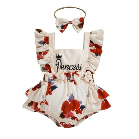 

HESHENG Newborn Baby Girls Floral Romper Outfits Backless Ruffle Tutu Jumpsuit Romper Top + Headband 2Pcs Set 9-12M