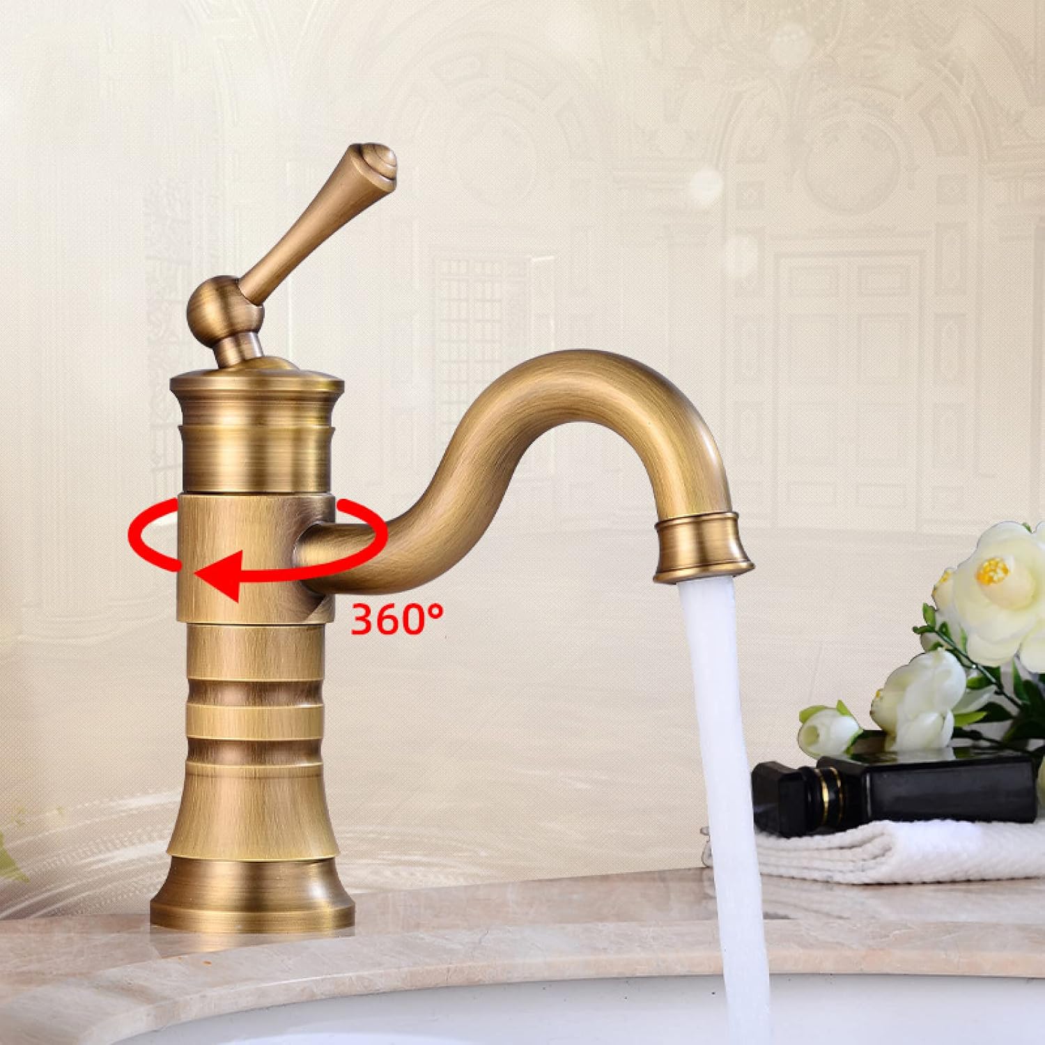 Vintage Bathroom Faucet Antique, 360 Swivel Spout Antique Brass, Cold Hot Mixer Vintage Vanity Tap, Single Handle Bathroom Sink Faucet, High