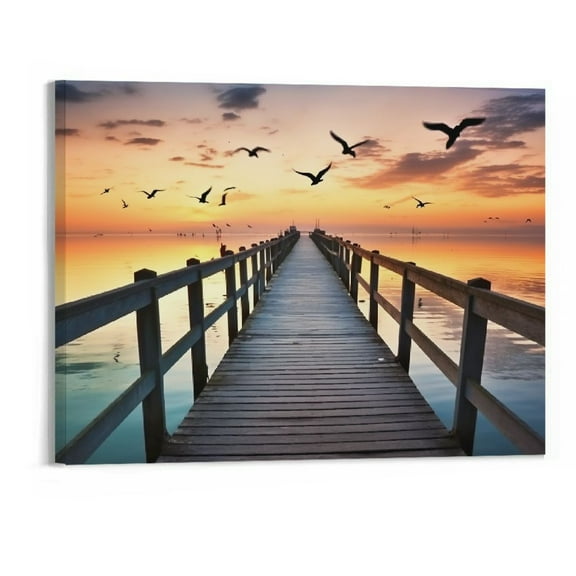 Fenyluxe Lake Dock Wall Art Lake Sunset Picture Pier Pictures Wall Decor Sunset Scenery Wall Art Lake Painting Landscape Canvas Prints Lake Pier Poster Modern Artwork for Bedroom Office 20x16 inch
