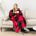 thumbnail image 6 of PAVILIA Blanket Hoodie for Women Red, Sherpa Wearable Blanket Men, Cozy Oversized Sweatshirt Blanket, Warm Fleece Hooded Blanket Sweater with Sleeves and Two Big Pocket, Adult Long, Plaid Red, 6 of 9