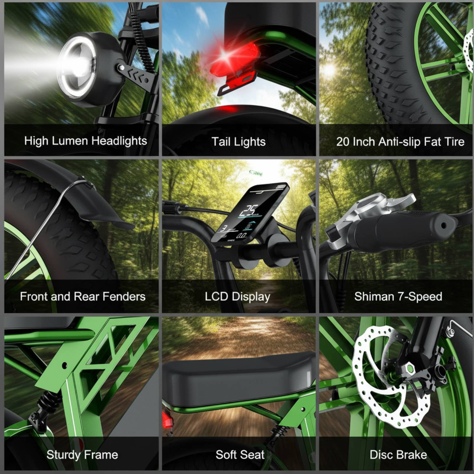 EggKing C200 1000W Electric Bike for Adults, 20" Fat Tire E-Mountain Bikes, 48V 17.5Ah 31MPH Electric Bicycle, Full Suspension UL2849 Green