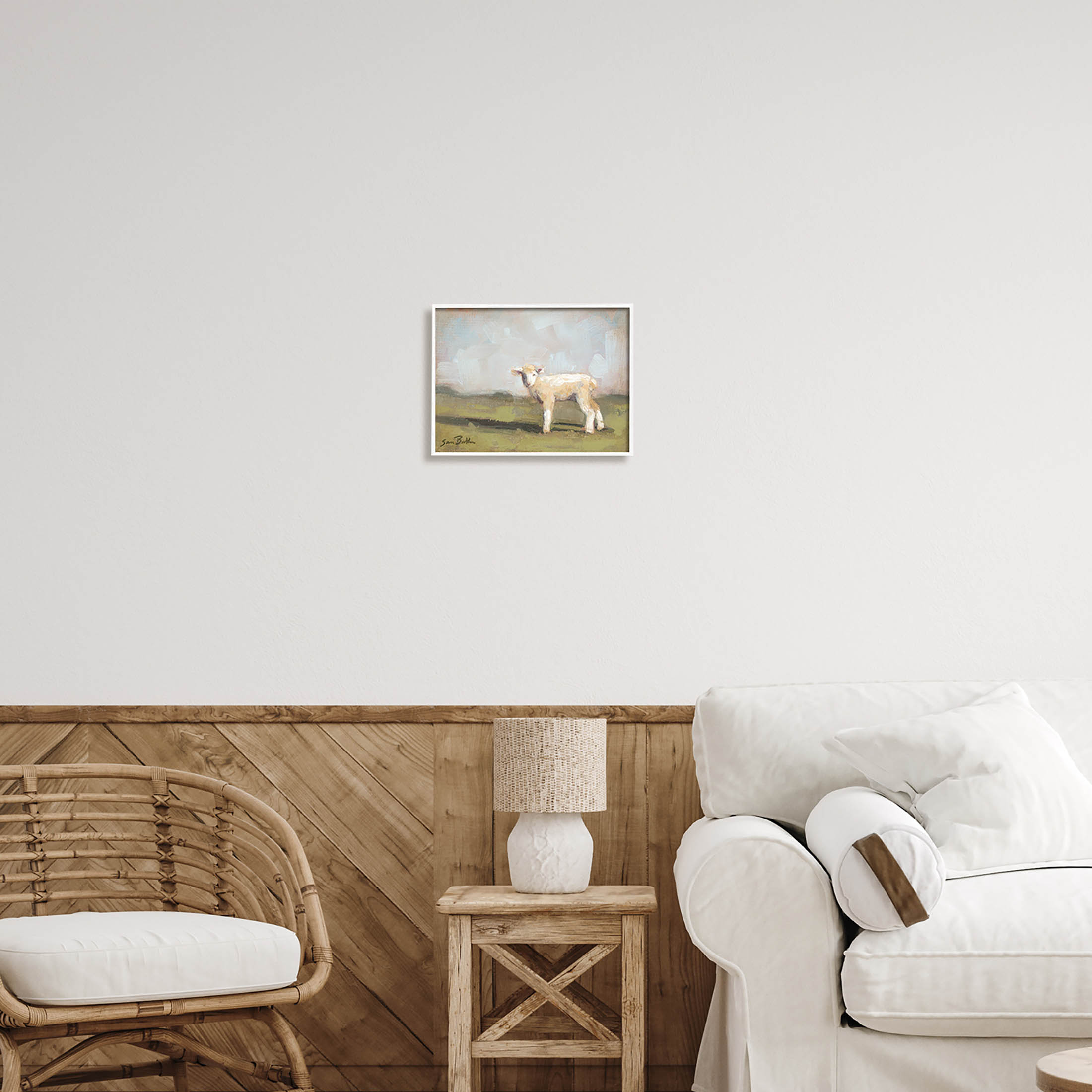 Baby Lamb Farmland Animal Animals & Insects Painting White Framed Art Print Wall Art