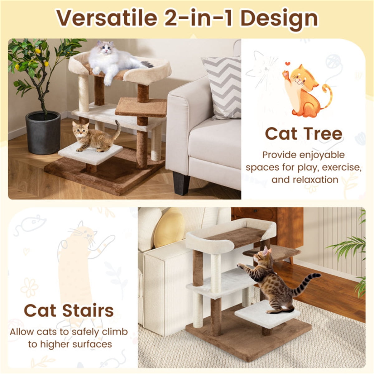 2-in-1 Cat Steps & Scratching Post, 4-Tier Pet Stairs for Small Senior Cats & Dogs, Sisal Scratching Posts, Compact 28”H, Space-Saving, Multi-Functional Pet Furniture, Gray