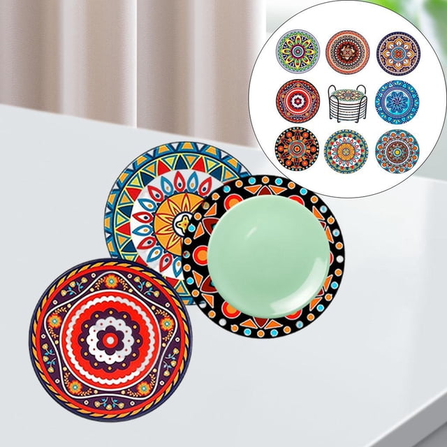 de 8 Posavasos para Bebidas, Posavasos Absorbentes con Soporte de Metal, Diseños de Mandala, Forma forma forma forma , Corcho Natural Respetuoso Macarena Posavasos de corcho con borde redondo