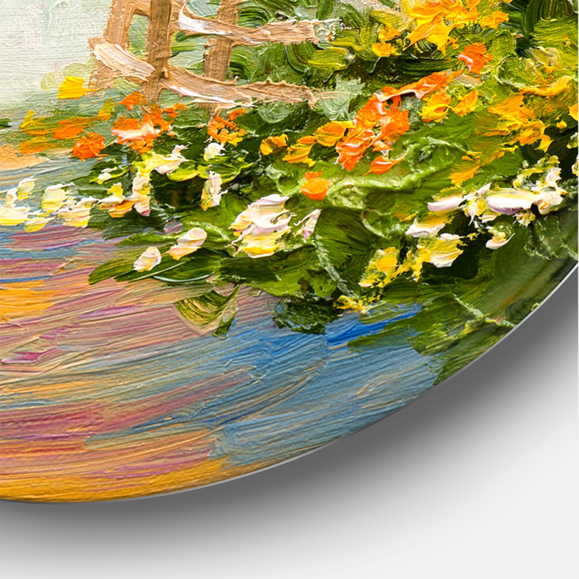 Designart 'Little House In The Blossoming Flowers Forest' Lake House Circle Metal Wall Art 11x11 - Disc of 11