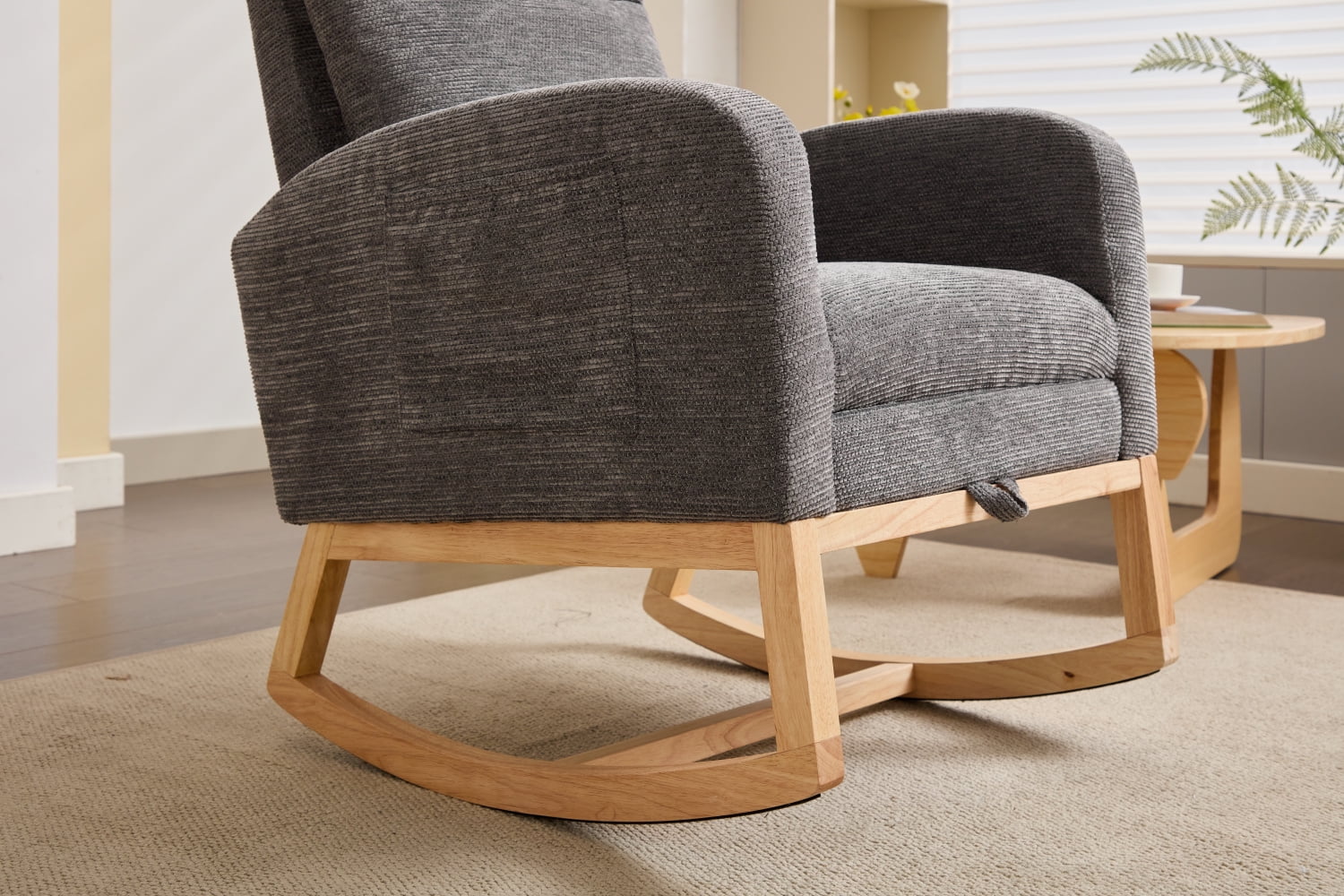 Lisonu Modern Nursery Glider Rocking Chair, Upholstered High-Back Rocker in Dark Gray Teddy Fabric, Comfy Lounge Armchair with Side Pocket & Solid Wood Legs