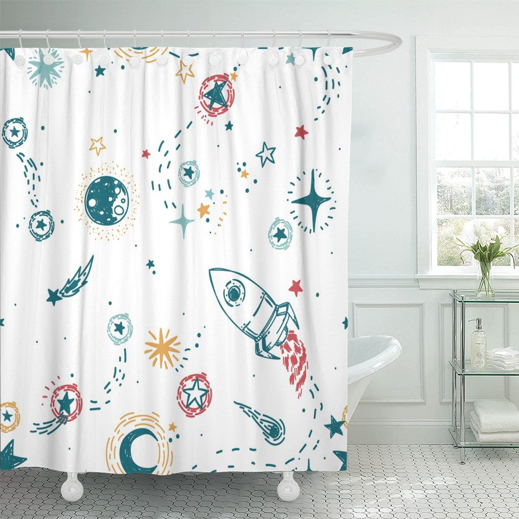 PKNMT Journey to Space Sketch Stars Rocket Comets Shower Curtain 60x72