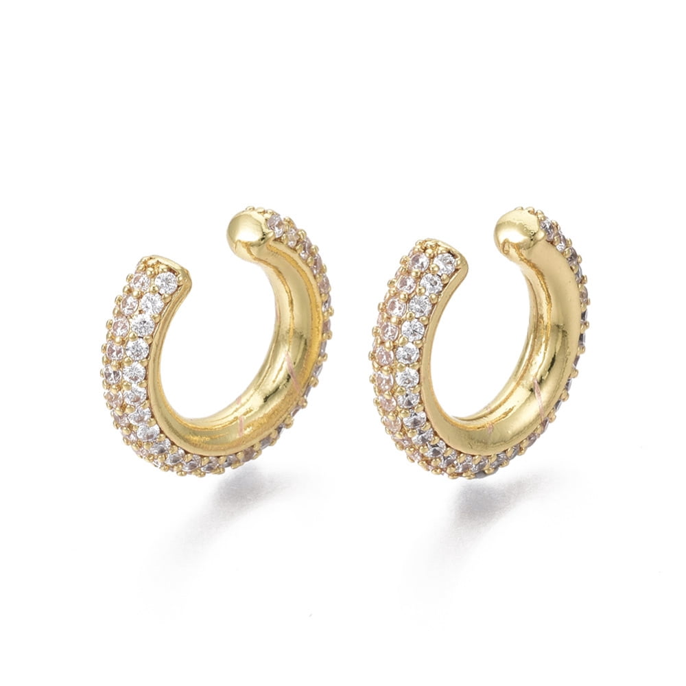 Brass Micro Pave Clear Cubic Zirconia Cuff Earrings Nickel Free Ring Real 18K Gold Plated 4x10.5mm