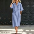 thumbnail image 6 of Ovbmpzd Summer Long Boho Beach Dresses for Women Linen Loose Sundresses Blue V-Neck Short Sleeves T-Shirt Dresses With Pockets,S, 6 of 6