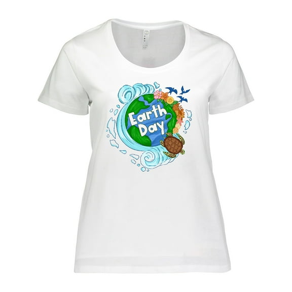 Inktastic Earth Day Turtle Planet with Waves and Birds Women's Plus Size T-Shirt