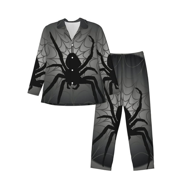 Fotbe Black Spiders Pijama de Hombre con Estampado de Manga Larga, Conjunto de 2 Piezas, Ropa de Dormir Suave y Cómoda con Bolsillos-Small
