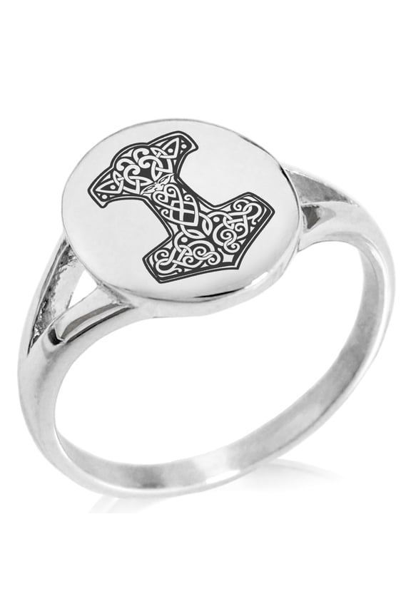 Stainless Steel Thor's Hammer Mjolnir Knot Viking Norse Minimalist Oval Top Polished Statement Signet Ring