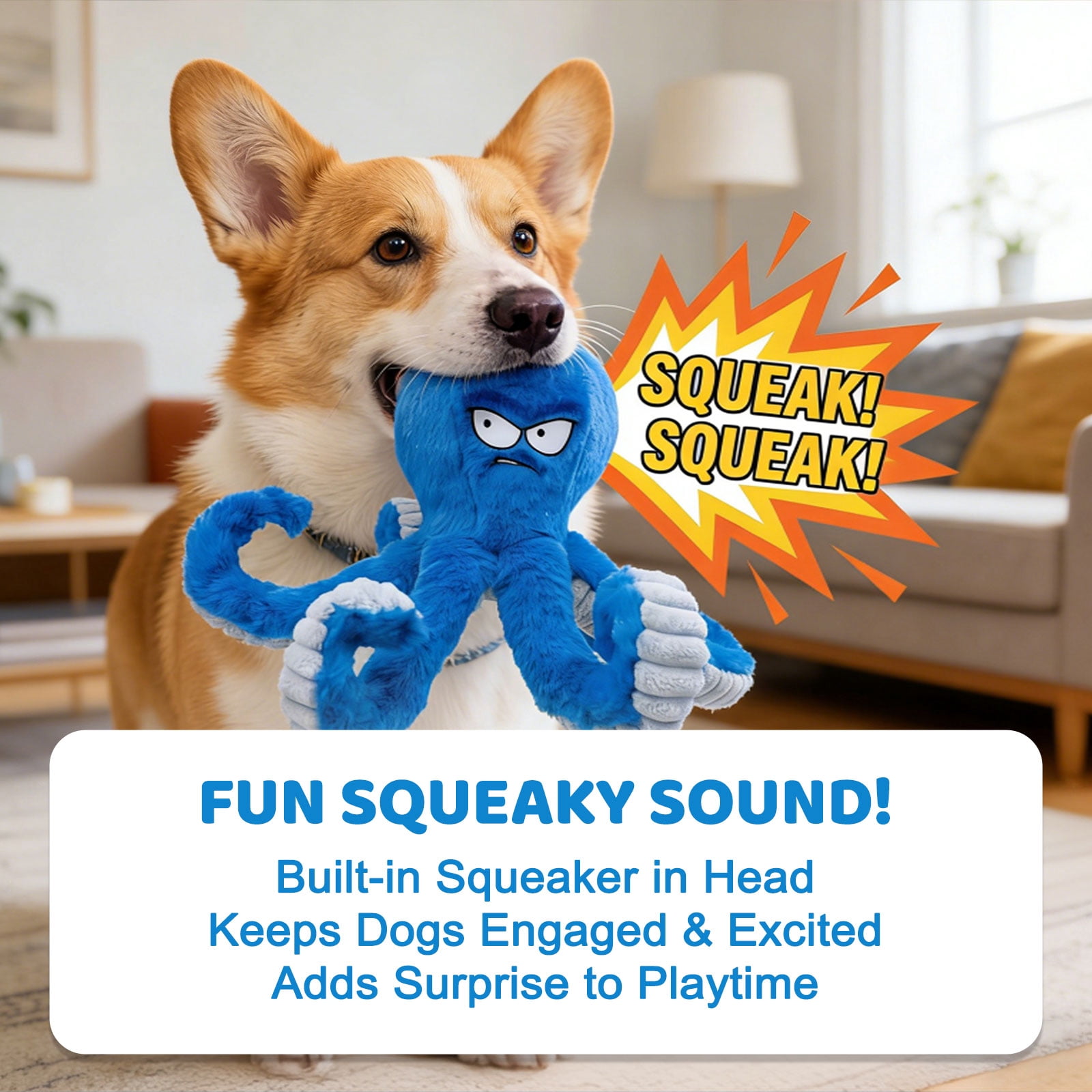 Tough Dog Toys, Stuffed Chew Large Dog Toys to Keep Them Busy, Interactive Squeaky Tug of War Doggie Toy, Crinkle Blue Octopus